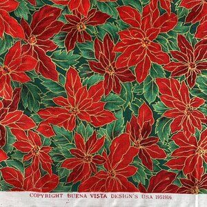 Poinsettia Print Red Cotton Christmas Fabric 1 7/8 Yards Buena Vista Designs